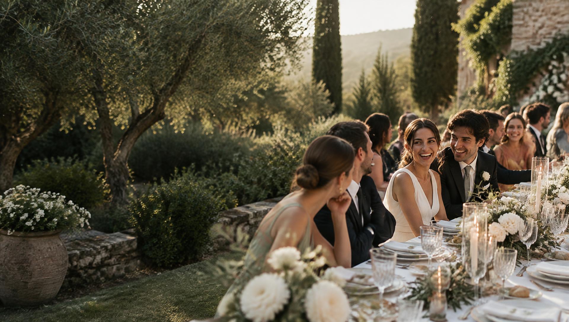 Novios e invitados compartiendo una celebración en un jardín mediterráneo